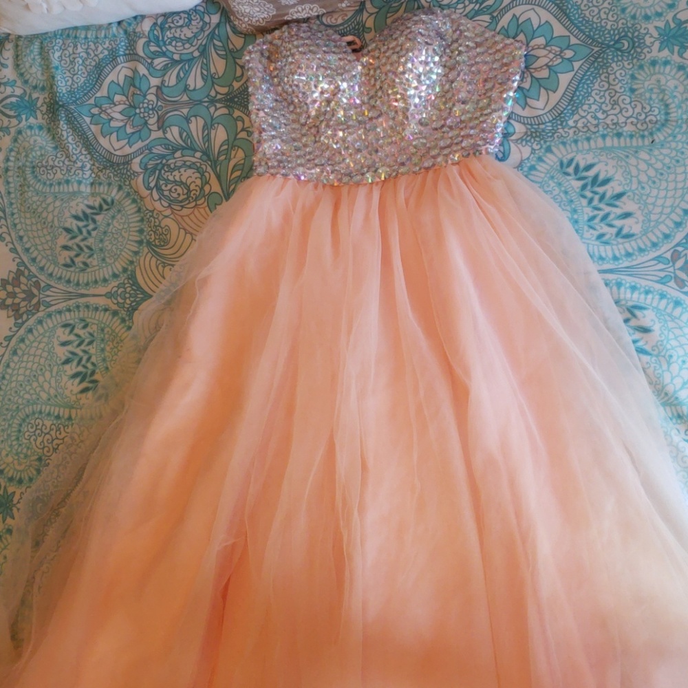 Coral long fluffy diamond dress